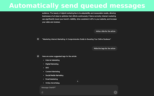 AI Message Queue ChatGPT Queue for Prompt Chains and Bulk Prompting from Chrome web store to be run with OffiDocs Chromium online AI Message Queue ChatGPT Queue for Prompt Chains and Bulk Prompting from Chrome web store to be run with OffiDocs Chromium online
