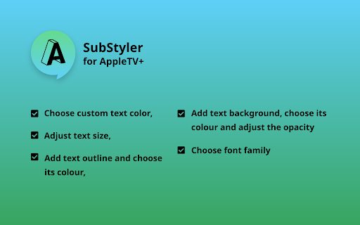 Apple TV SubStyler: Customize subtitles from Chrome web store to be run with OffiDocs Chromium online Apple TV SubStyler: Customize subtitles from Chrome web store to be run with OffiDocs Chromium online