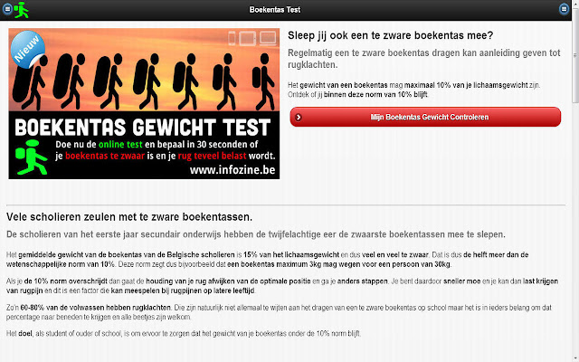 Boekentas Gewicht Test (NL) from Chrome web store to be run with OffiDocs Chromium online Boekentas Gewicht Test (NL) from Chrome web store to be run with OffiDocs Chromium online