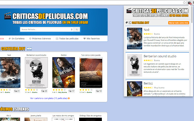 Cartelera de Cine (CriticasDePeliculas.com) from Chrome web store to be run with OffiDocs Chromium online Cartelera de Cine (CriticasDePeliculas.com) from Chrome web store to be run with OffiDocs Chromium online