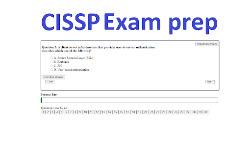Certified Information Systems Security Professional (CISSP) Exam prep from Chrome web store to be run with OffiDocs Chromium online Certified Information Systems Security Professional (CISSP) Exam prep from Chrome web store to be run with OffiDocs Chromium online