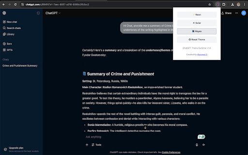 ChatGPT Theme Switcher from Chrome web store to be run with OffiDocs Chromium online ChatGPT Theme Switcher from Chrome web store to be run with OffiDocs Chromium online
