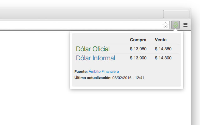Cotización del Dólar en Argentina from Chrome web store to be run with OffiDocs Chromium online Cotización del Dólar en Argentina from Chrome web store to be run with OffiDocs Chromium online