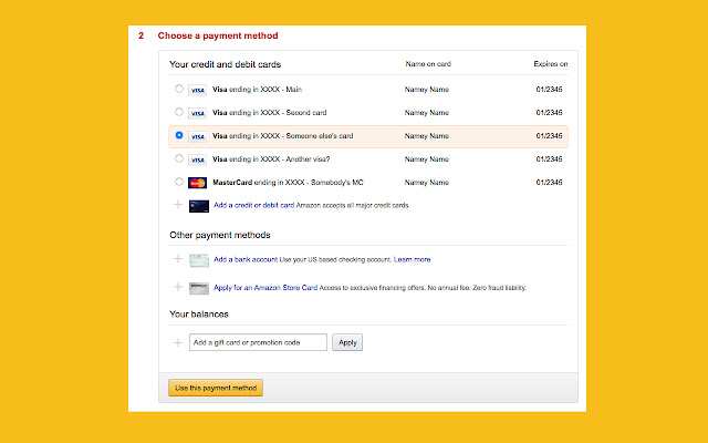 Credit Card Nicknames for Amazon from Chrome web store to be run with OffiDocs Chromium online Credit Card Nicknames for Amazon from Chrome web store to be run with OffiDocs Chromium online