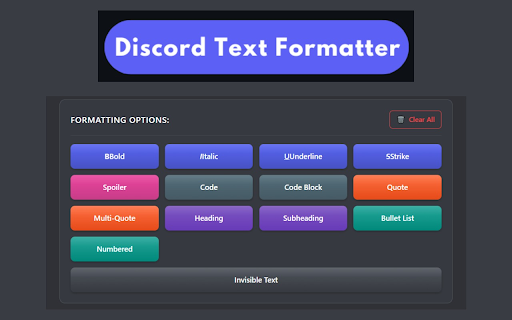 Discord Text Formatting from Chrome web store to be run with OffiDocs Chromium online Discord Text Formatting from Chrome web store to be run with OffiDocs Chromium online