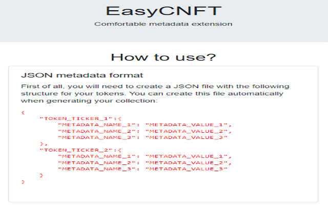 EasyCNFT Comfortable Metadata from Chrome web store to be run with OffiDocs Chromium online EasyCNFT Comfortable Metadata from Chrome web store to be run with OffiDocs Chromium online
