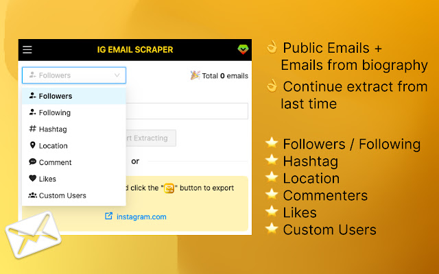EmailFox IG Email Extractor and Scraper from Chrome web store to be run with OffiDocs Chromium online EmailFox IG Email Extractor and Scraper from Chrome web store to be run with OffiDocs Chromium online