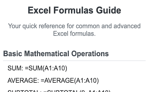 Excel Formulas Guide from Chrome web store to be run with OffiDocs Chromium online Excel Formulas Guide from Chrome web store to be run with OffiDocs Chromium online
