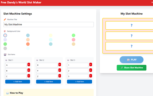Free Dandys World Slot Maker from Chrome web store to be run with OffiDocs Chromium online Free Dandys World Slot Maker from Chrome web store to be run with OffiDocs Chromium online