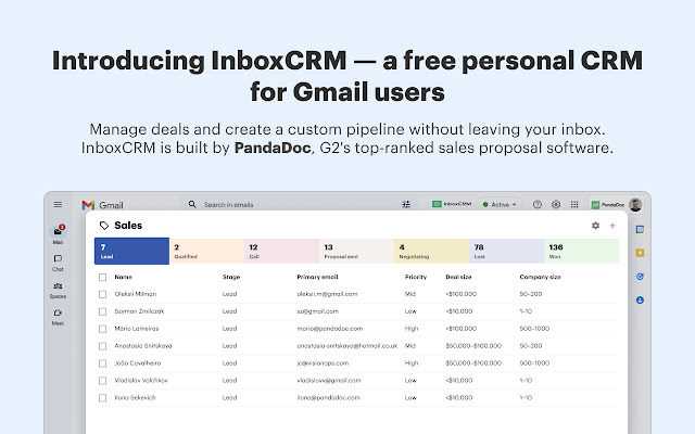 InboxCRM Personal CRM for Gmail by PandaDoc from Chrome web store to be run with OffiDocs Chromium online InboxCRM Personal CRM for Gmail by PandaDoc from Chrome web store to be run with OffiDocs Chromium online
