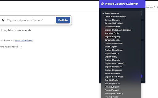 Indeed Country Switcher from Chrome web store to be run with OffiDocs Chromium online Indeed Country Switcher from Chrome web store to be run with OffiDocs Chromium online