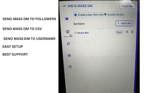 InstamassdmDM Bot Bulk Message Sender from Chrome web store to be run with OffiDocs Chromium online InstamassdmDM Bot Bulk Message Sender from Chrome web store to be run with OffiDocs Chromium online