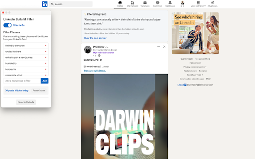 LinkedIn Bullshit Filter from Chrome web store to be run with OffiDocs Chromium online LinkedIn Bullshit Filter from Chrome web store to be run with OffiDocs Chromium online