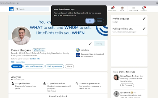 LinkedIn to Google Sheets by LittleBirds.io from Chrome web store to be run with OffiDocs Chromium online LinkedIn to Google Sheets by LittleBirds.io from Chrome web store to be run with OffiDocs Chromium online