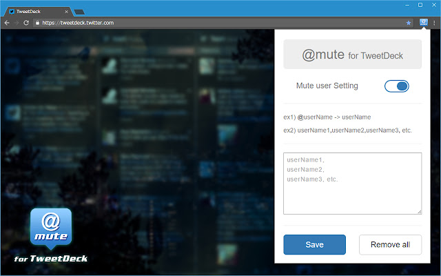 @mute for TweetDeck from Chrome web store to be run with OffiDocs Chromium online @mute for TweetDeck from Chrome web store to be run with OffiDocs Chromium online