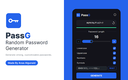 PassG: Random Password Generator from Chrome web store to be run with OffiDocs Chromium online PassG: Random Password Generator from Chrome web store to be run with OffiDocs Chromium online