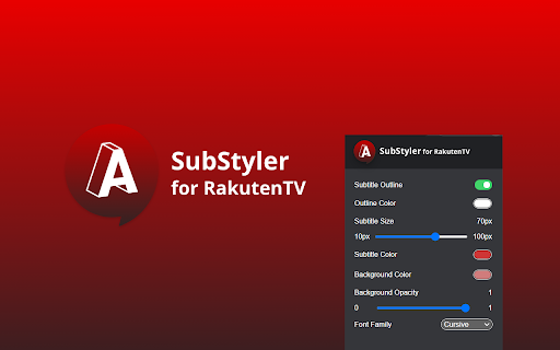 Rakuten TV SubStyler: customize subtitles from Chrome web store to be run with OffiDocs Chromium online Rakuten TV SubStyler: customize subtitles from Chrome web store to be run with OffiDocs Chromium online