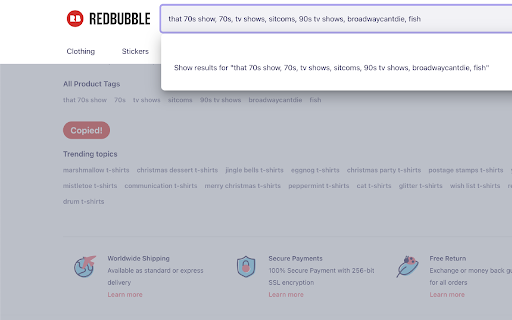Redbubble Tag Grabber from Chrome web store to be run with OffiDocs Chromium online Redbubble Tag Grabber from Chrome web store to be run with OffiDocs Chromium online