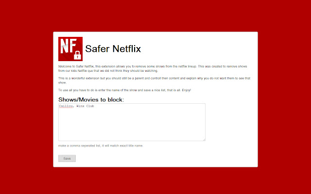 Safer Netflix from Chrome web store to be run with OffiDocs Chromium online Safer Netflix from Chrome web store to be run with OffiDocs Chromium online