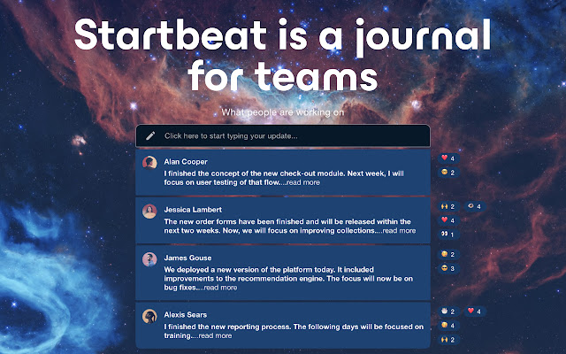 Startbeat The journal for teams from Chrome web store to be run with OffiDocs Chromium online Startbeat The journal for teams from Chrome web store to be run with OffiDocs Chromium online