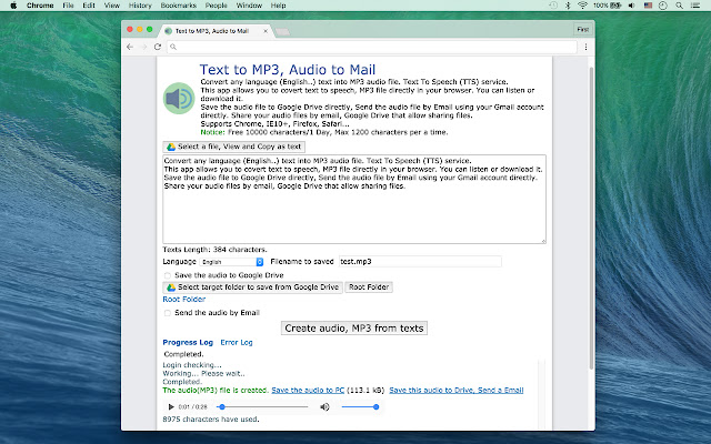 Text to MP3, Audio to Mail from Chrome web store to be run with OffiDocs Chromium online Text to MP3, Audio to Mail from Chrome web store to be run with OffiDocs Chromium online