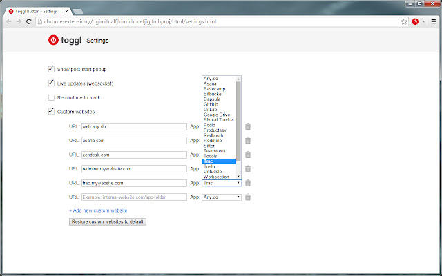 Toggl Button for Custom Websites from Chrome web store to be run with OffiDocs Chromium online Toggl Button for Custom Websites from Chrome web store to be run with OffiDocs Chromium online