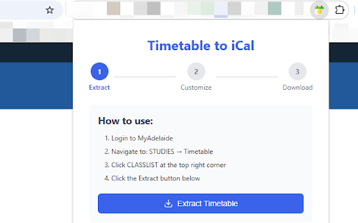 UniAdelaide Timetable to iCal from Chrome web store to be run with OffiDocs Chromium online UniAdelaide Timetable to iCal from Chrome web store to be run with OffiDocs Chromium online
