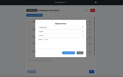 Voice2Post from Chrome web store to be run with OffiDocs Chromium online Voice2Post from Chrome web store to be run with OffiDocs Chromium online