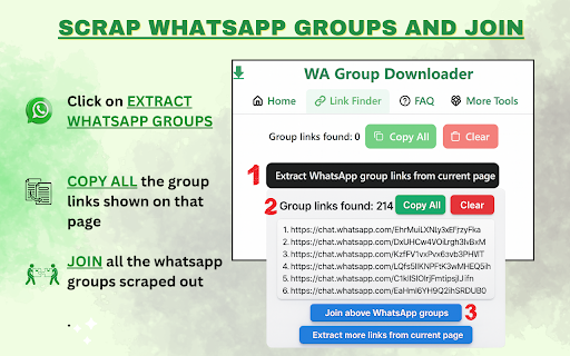 WA Contact Extractor Groups Link Finder from Chrome web store to be run with OffiDocs Chromium online WA Contact Extractor Groups Link Finder from Chrome web store to be run with OffiDocs Chromium online