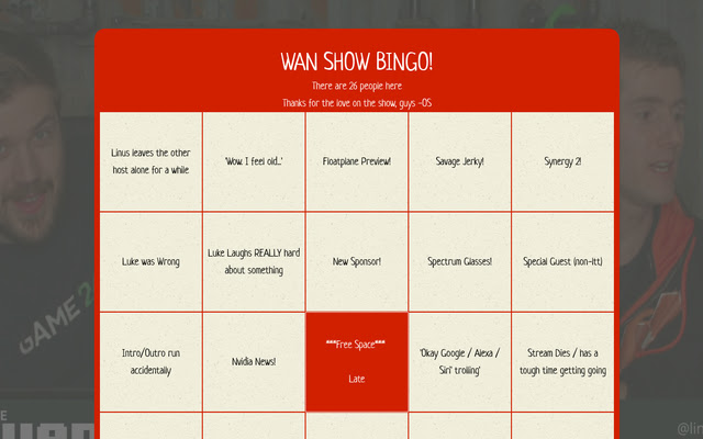 Wan Show Bingo from Chrome web store to be run with OffiDocs Chromium online Wan Show Bingo from Chrome web store to be run with OffiDocs Chromium online