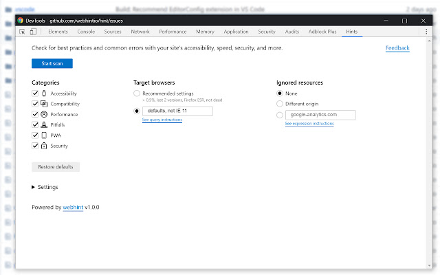 webhint from Chrome web store to be run with OffiDocs Chromium online webhint from Chrome web store to be run with OffiDocs Chromium online