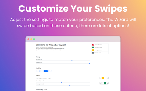 Wizard of Swipe for Tinder from Chrome web store to be run with OffiDocs Chromium online Wizard of Swipe for Tinder from Chrome web store to be run with OffiDocs Chromium online