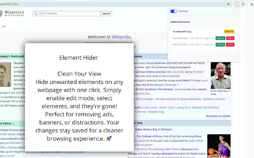 Element Hider Clean Your View from Chrome web store to be run with OffiDocs Chromium online Element Hider Clean Your View from Chrome web store to be run with OffiDocs Chromium online