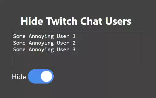 Hide Twitch Chat Users from Chrome web store to be run with OffiDocs Chromium online Hide Twitch Chat Users from Chrome web store to be run with OffiDocs Chromium online