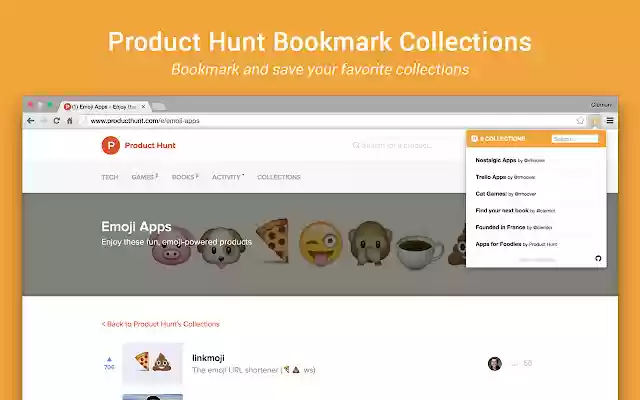 Product Hunt Bookmark Collections from Chrome web store to be run with OffiDocs Chromium online Product Hunt Bookmark Collections from Chrome web store to be run with OffiDocs Chromium online
