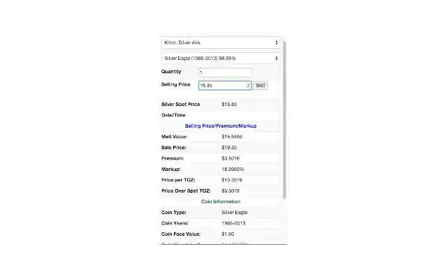 Silver and Gold Coin Spot Price Calculator from Chrome web store to be run with OffiDocs Chromium online Silver and Gold Coin Spot Price Calculator from Chrome web store to be run with OffiDocs Chromium online