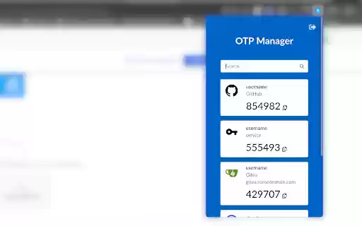 Simple OTP Manager Browser Extension from Chrome web store to be run with OffiDocs Chromium online Simple OTP Manager Browser Extension from Chrome web store to be run with OffiDocs Chromium online