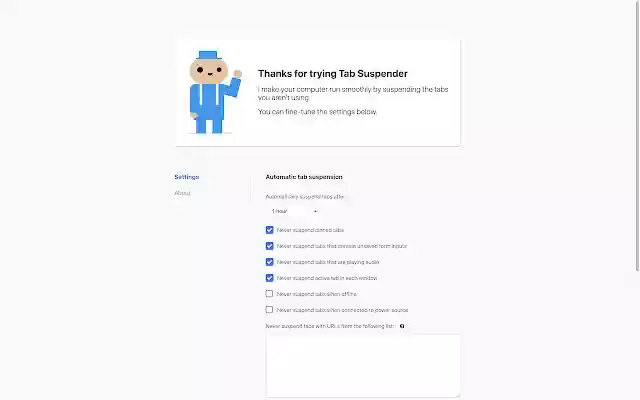 Tab Suspender from Chrome web store to be run with OffiDocs Chromium online Tab Suspender from Chrome web store to be run with OffiDocs Chromium online