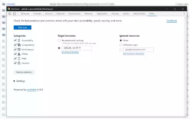 webhint from Chrome web store to be run with OffiDocs Chromium online webhint from Chrome web store to be run with OffiDocs Chromium online